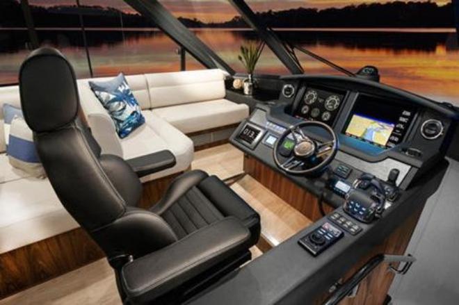 State-of-the-art, easy-to-use technology is at the skipper's fingertips from the leather, centre-line helm seat of the Riviera 5400 Sport Yacht. © Riviera Australia